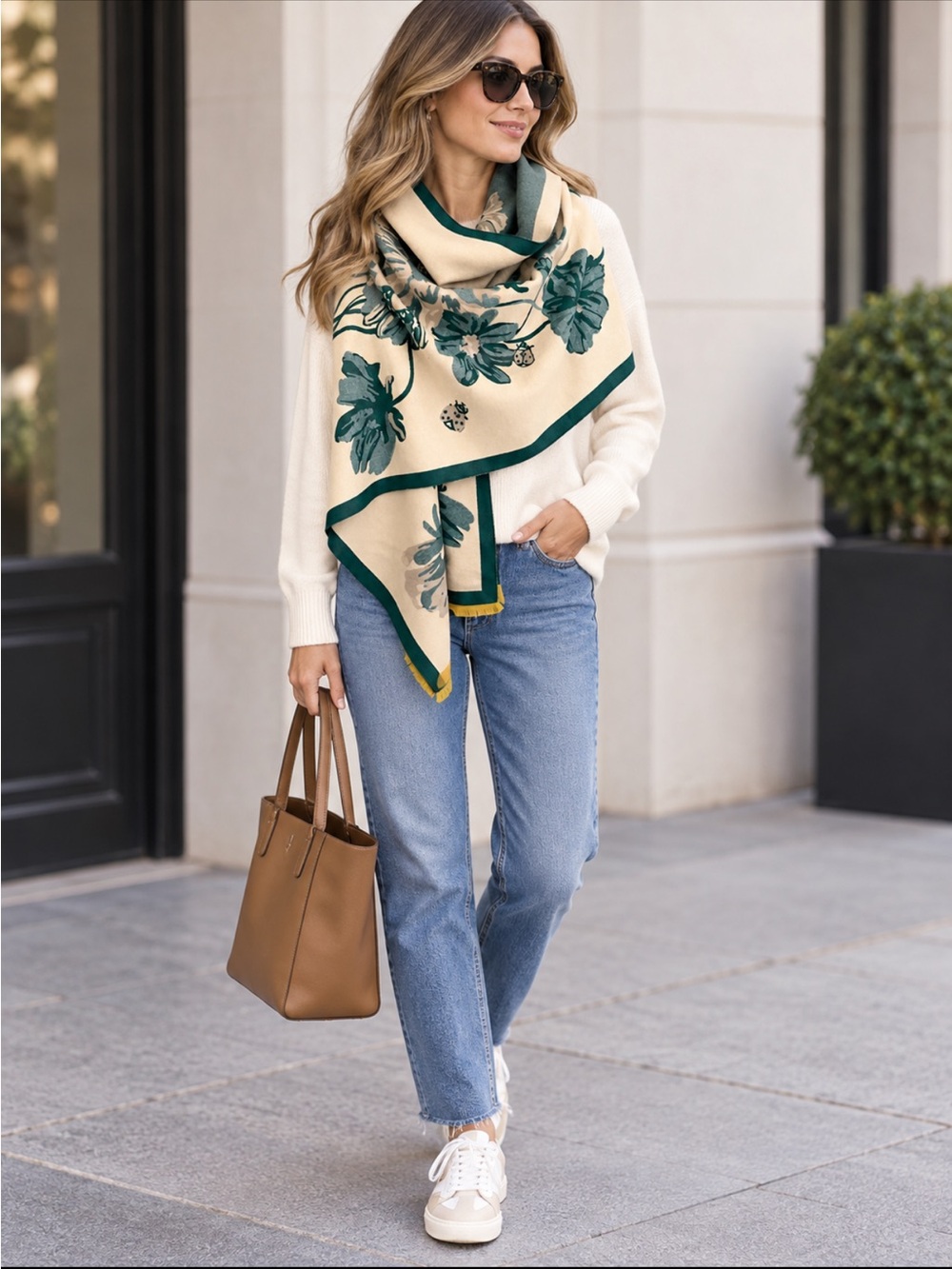 Cream Floral-Print Wrap Scarf with Green Trim and Fringe Border NWT